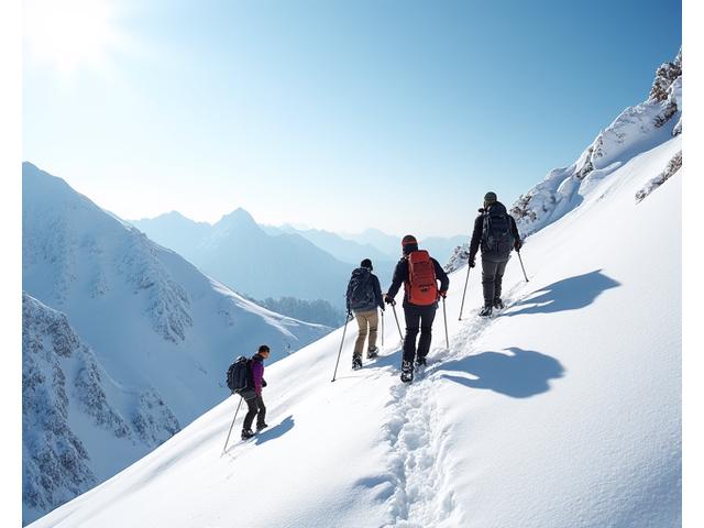 ガイドとバックカントリーツアーに向かうスキーヤー